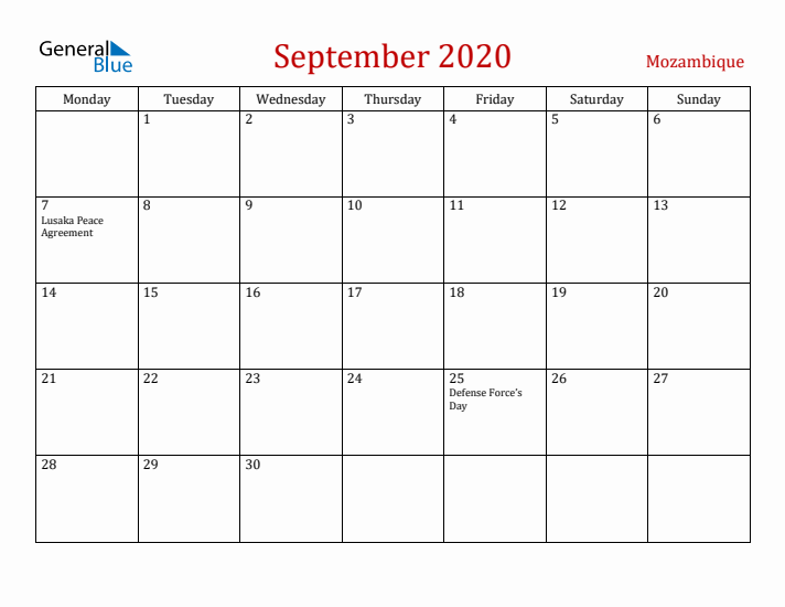 Mozambique September 2020 Calendar - Monday Start