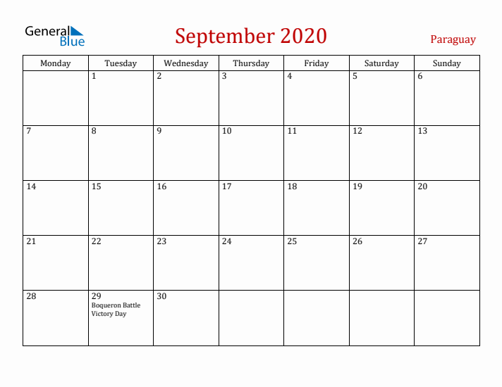 Paraguay September 2020 Calendar - Monday Start