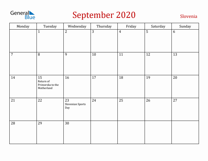 Slovenia September 2020 Calendar - Monday Start