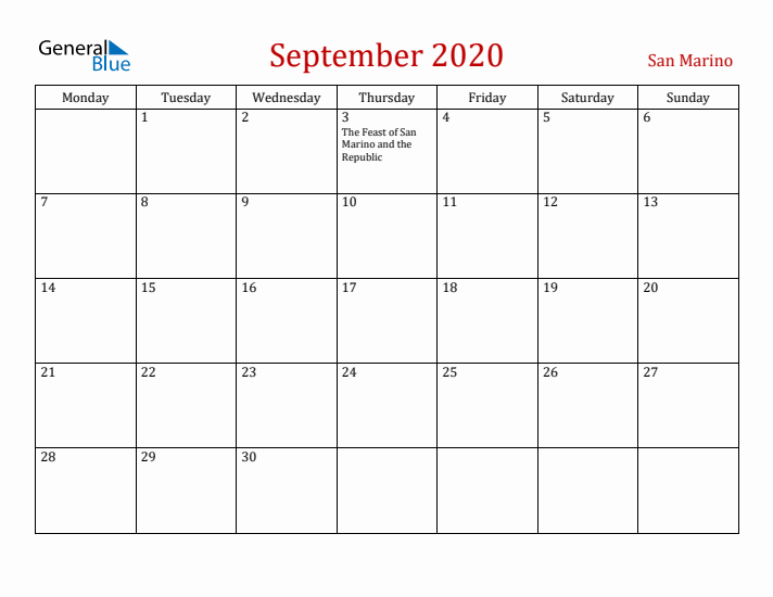 San Marino September 2020 Calendar - Monday Start