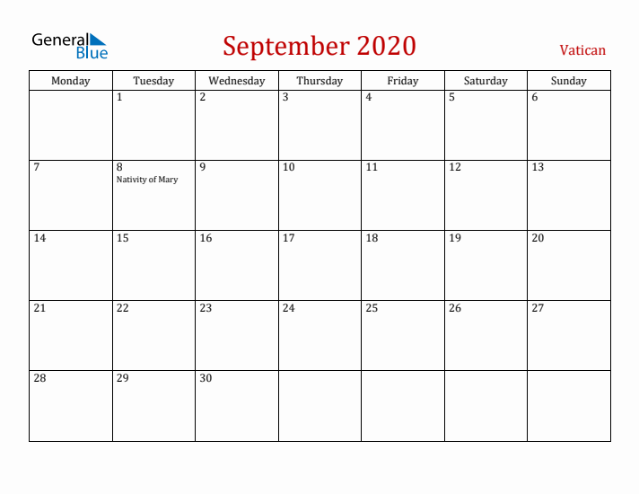 Vatican September 2020 Calendar - Monday Start