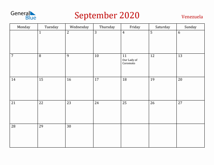 Venezuela September 2020 Calendar - Monday Start