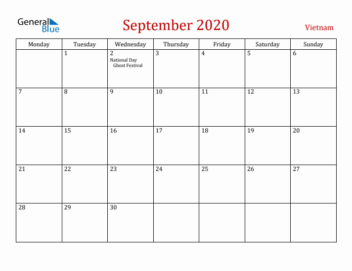 Vietnam September 2020 Calendar - Monday Start