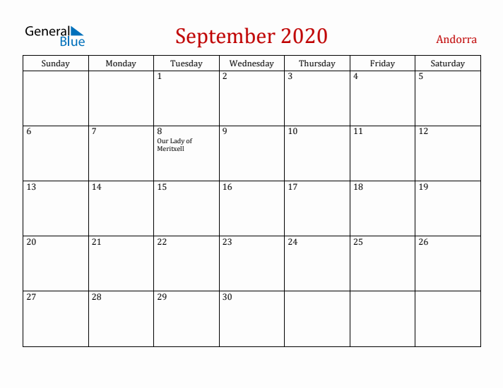 Andorra September 2020 Calendar - Sunday Start