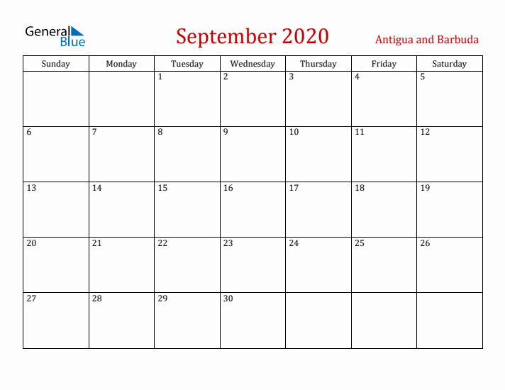 Antigua and Barbuda September 2020 Calendar - Sunday Start
