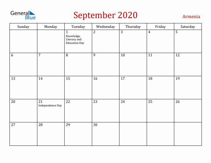 Armenia September 2020 Calendar - Sunday Start