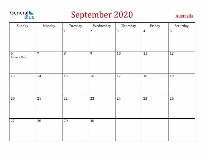 Australia September 2020 Calendar - Sunday Start