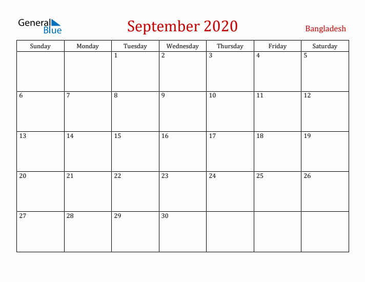 Bangladesh September 2020 Calendar - Sunday Start