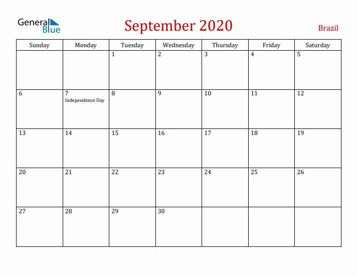 Brazil September 2020 Calendar - Sunday Start