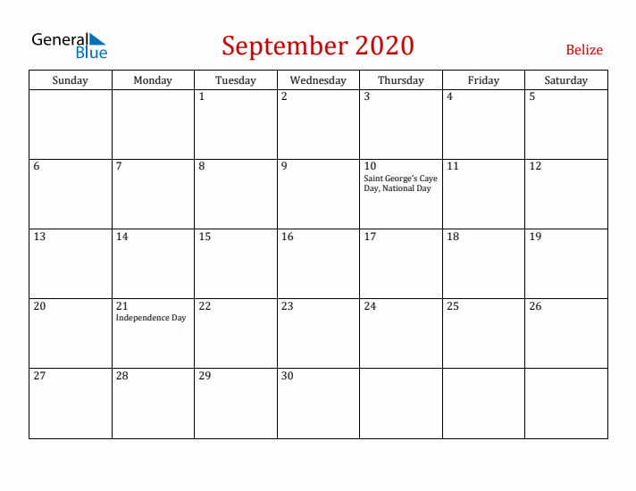 Belize September 2020 Calendar - Sunday Start