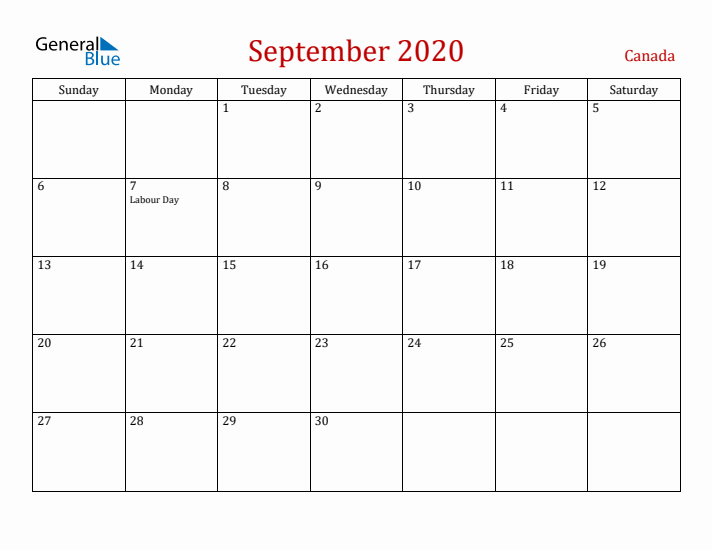 Canada September 2020 Calendar - Sunday Start