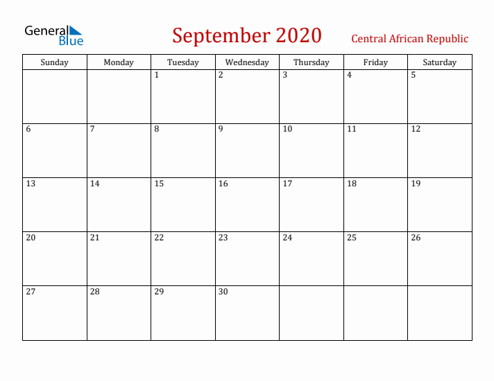 Central African Republic September 2020 Calendar - Sunday Start