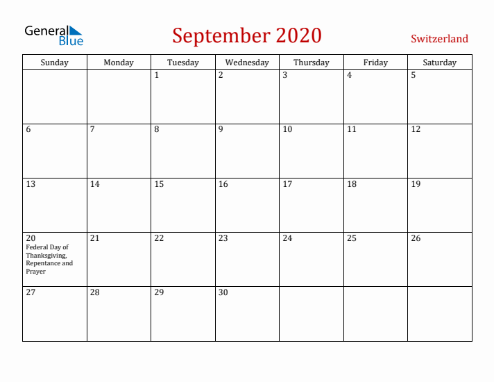Switzerland September 2020 Calendar - Sunday Start