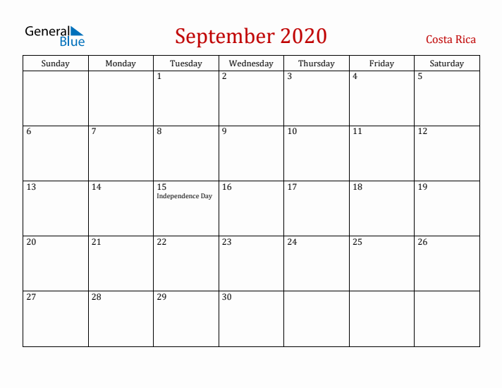 Costa Rica September 2020 Calendar - Sunday Start