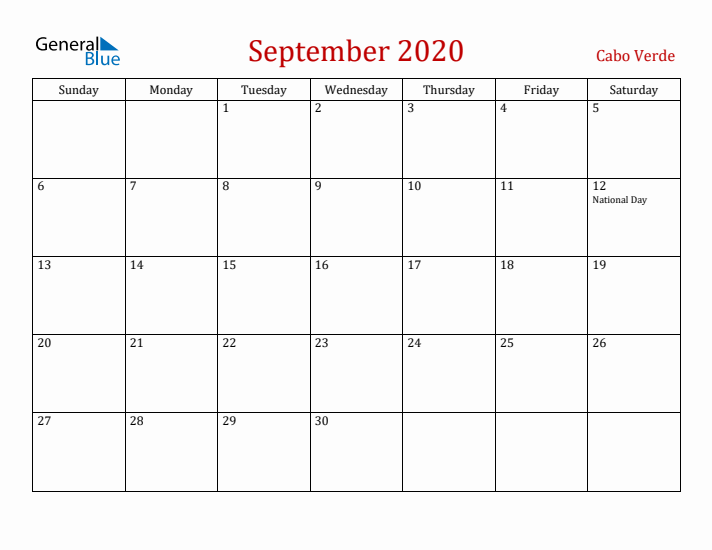 Cabo Verde September 2020 Calendar - Sunday Start