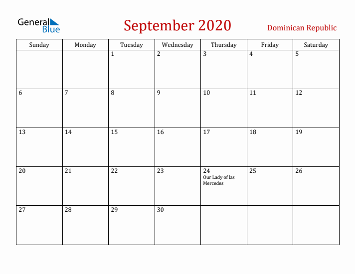 Dominican Republic September 2020 Calendar - Sunday Start