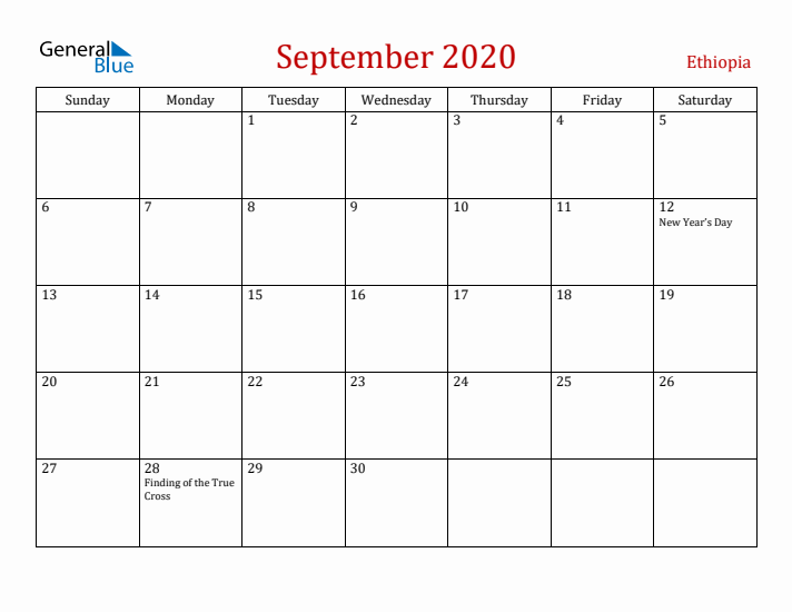 Ethiopia September 2020 Calendar - Sunday Start