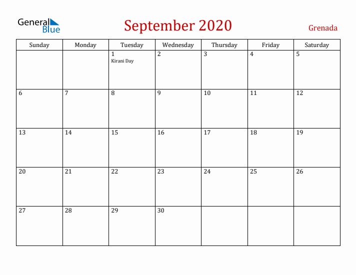 Grenada September 2020 Calendar - Sunday Start