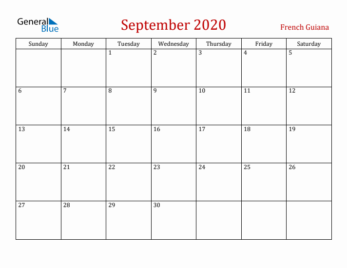 French Guiana September 2020 Calendar - Sunday Start