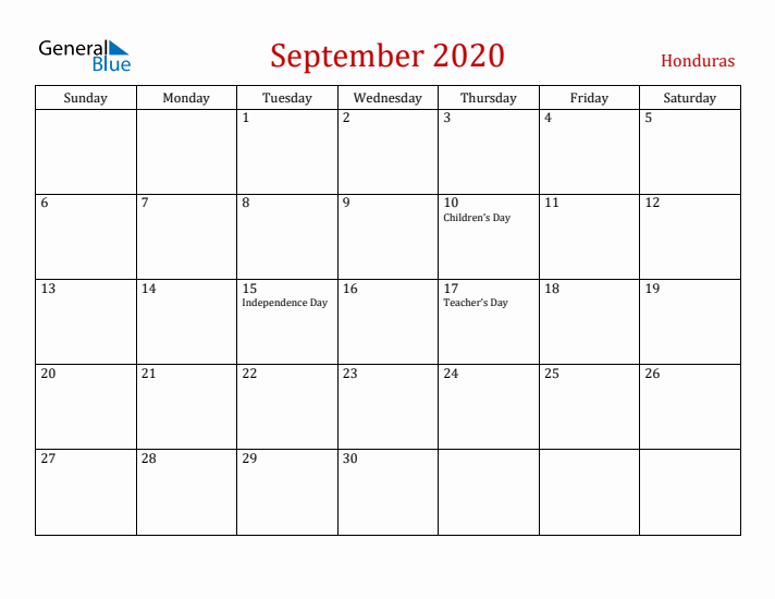 Honduras September 2020 Calendar - Sunday Start