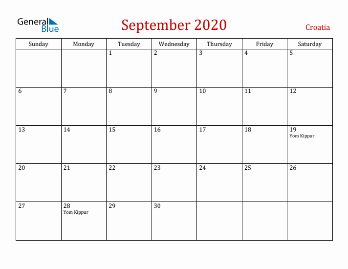 Croatia September 2020 Calendar - Sunday Start