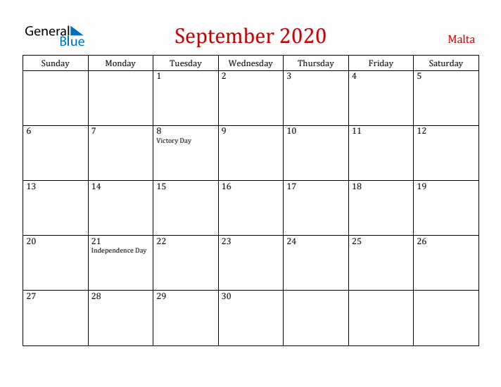 Malta September 2020 Calendar - Sunday Start