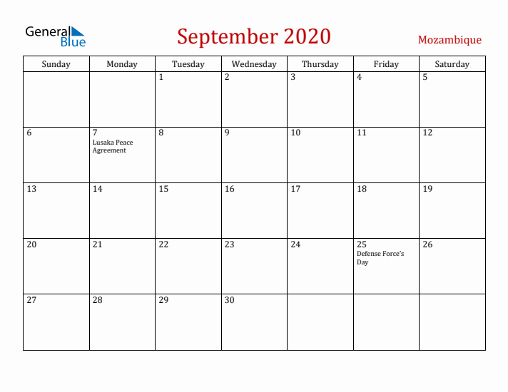Mozambique September 2020 Calendar - Sunday Start