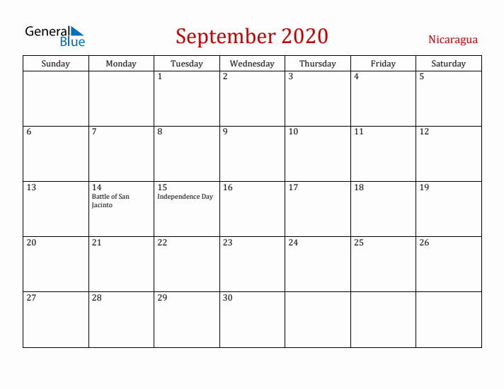 Nicaragua September 2020 Calendar - Sunday Start