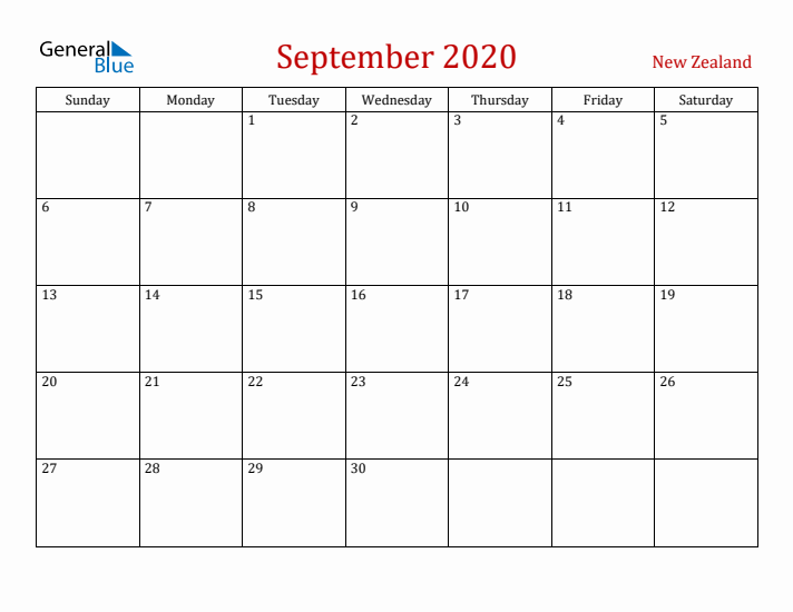 New Zealand September 2020 Calendar - Sunday Start