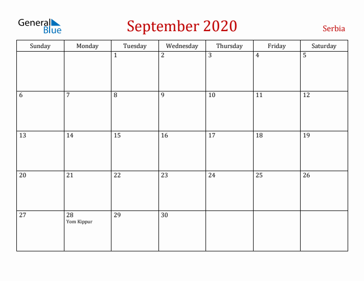 Serbia September 2020 Calendar - Sunday Start