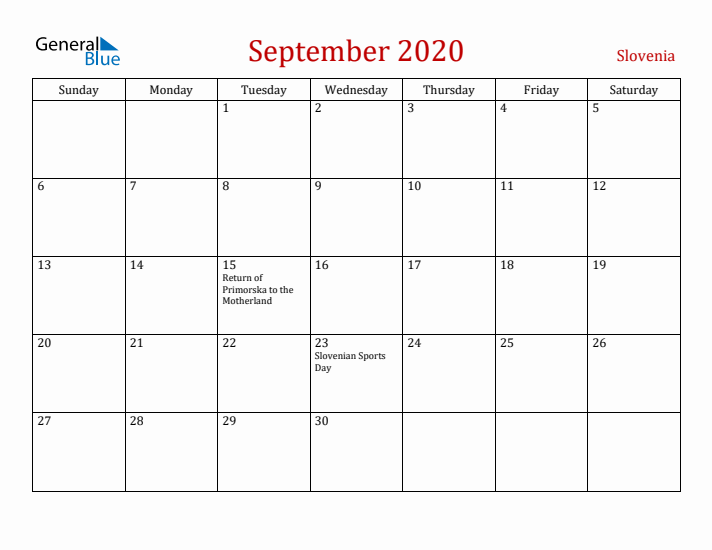 Slovenia September 2020 Calendar - Sunday Start