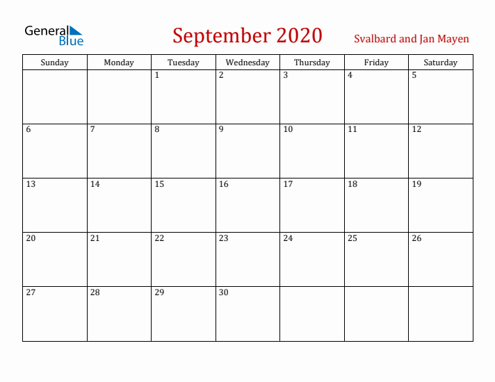 Svalbard and Jan Mayen September 2020 Calendar - Sunday Start