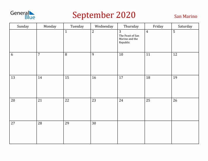 San Marino September 2020 Calendar - Sunday Start