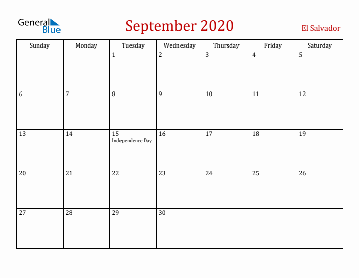 El Salvador September 2020 Calendar - Sunday Start