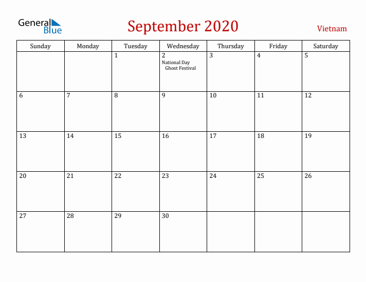 Vietnam September 2020 Calendar - Sunday Start