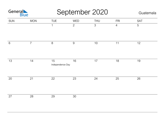 Printable September 2020 Calendar for Guatemala