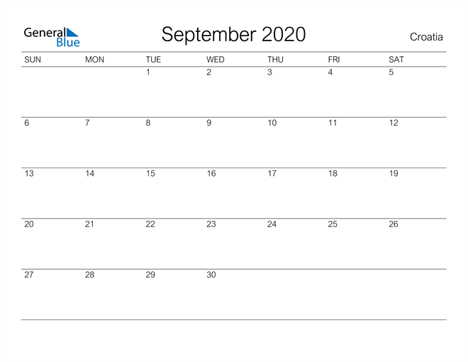 Printable September 2020 Calendar for Croatia