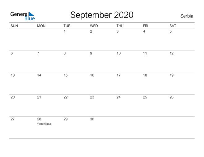 Printable September 2020 Calendar for Serbia