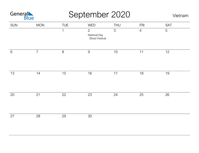 Printable September 2020 Calendar for Vietnam