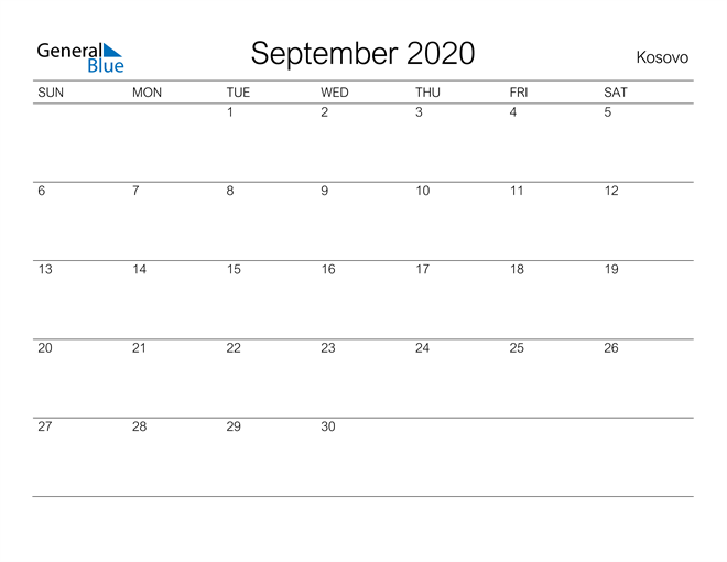 Printable September 2020 Calendar for Kosovo