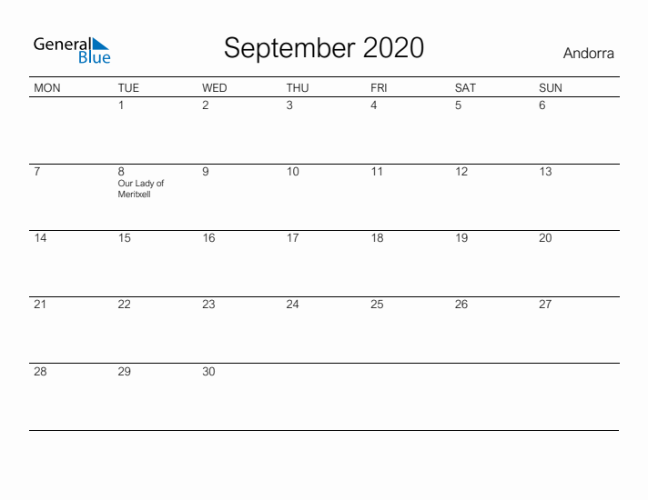 Printable September 2020 Calendar for Andorra