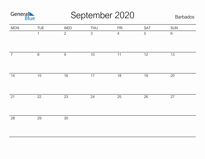 Printable September 2020 Calendar for Barbados