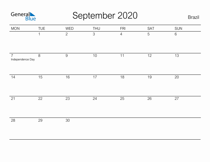 Printable September 2020 Calendar for Brazil