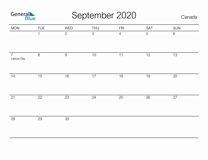Printable September 2020 Calendar for Canada