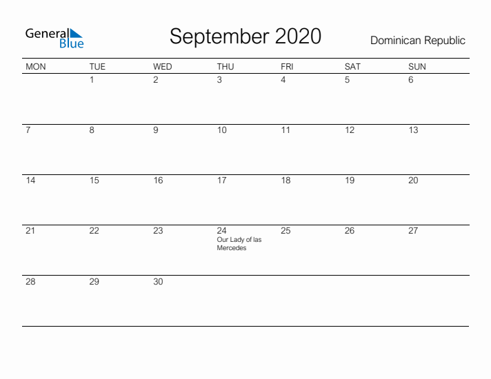 Printable September 2020 Calendar for Dominican Republic