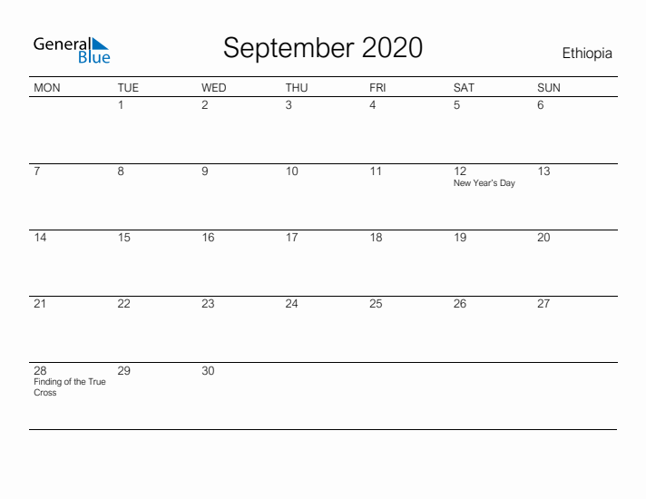 Printable September 2020 Calendar for Ethiopia
