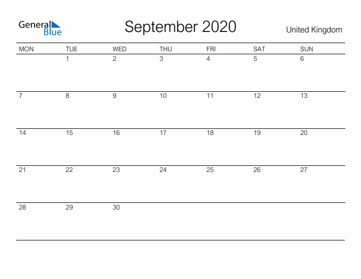 Printable September 2020 Calendar for United Kingdom