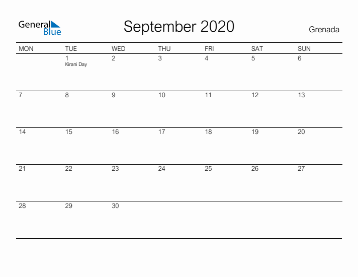 Printable September 2020 Calendar for Grenada