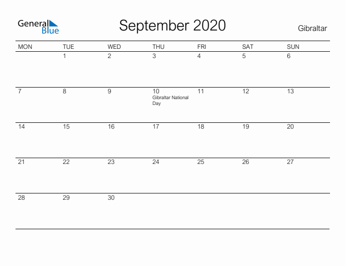 Printable September 2020 Calendar for Gibraltar