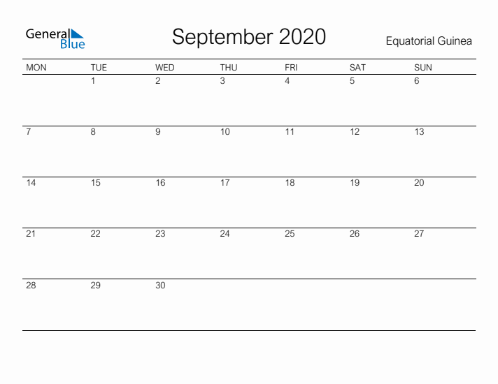 Printable September 2020 Calendar for Equatorial Guinea